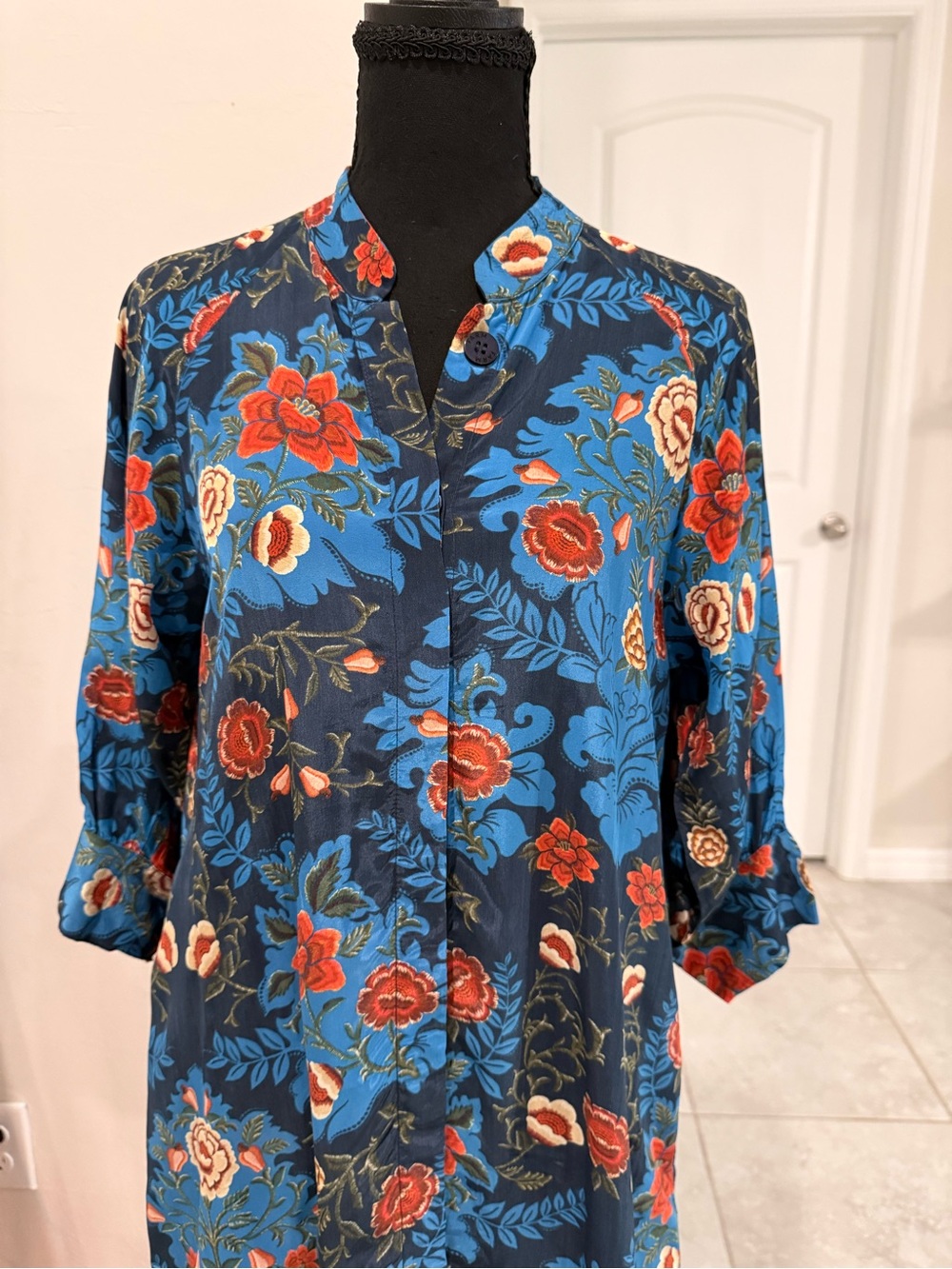 FARM Rio Blue Floral Maxi Shirt Dress XS Button Front Boho Resort
